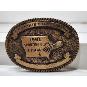 Vintage 1991 Iowa State Championship Sporting Clays USSCA Brass Belt Buckle 4711